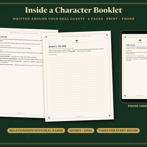 May include: A character booklet for a murder mystery game featuring two printed pages and a digital phone version. The pages contain text sections titled Who you are, Round 2 - The Will, and Your secret, with lines for notes and character details.