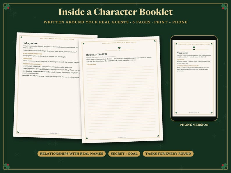 May include: A character booklet for a murder mystery game featuring two printed pages and a digital phone version. The pages contain text sections titled Who you are, Round 2 - The Will, and Your secret, with lines for notes and character details.