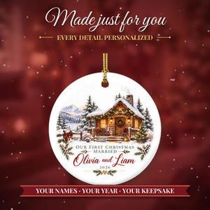 First Christmas Married Ornament 2026, Winter Cabin Mr and Mrs Keepsake, Newlywed Gift for Couple, Custom Wedding Ornament image 2