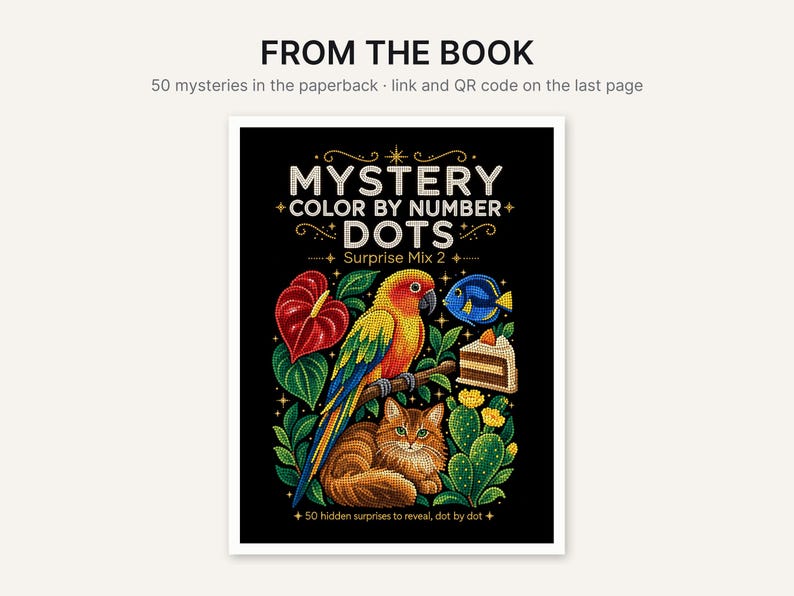 Puede incluir: Una portada de libro de bolsillo titulada Mystery Color By Number Dots Surprise Mix 2. La cubierta negra presenta un loro colorido, un gato marr&oacute;n, un pez azul, un trozo de pastel y un cactus. El texto dice: FROM THE BOOK 50 mysteries.