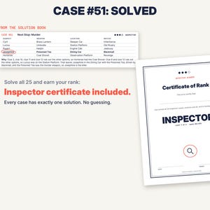 May include: A white document titled Certificate of Rank with the word INSPECTOR in bold, a magnifying glass icon, and a table labeled CASE #51: SOLVED FROM THE SOLUTION BOOK. The text reads Solve all 25 and earn your rank: Inspector certificate included.
