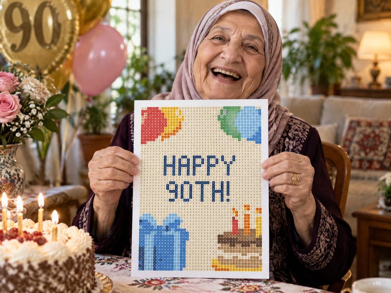 May include: A rectangular craft project featuring a pixelated design on a light background. The text reads HAPPY 90TH! in dark blue. The image includes a red and yellow balloon, green and blue balloons, a blue gift box, and a birthday cake with candles.