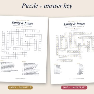 May include: Two white sheets of paper featuring a personalized crossword puzzle titled Our Story in Clues for Emily & James, dated September 14, 2016. The first sheet displays the blank puzzle grid and clues, while the second shows the answer key.