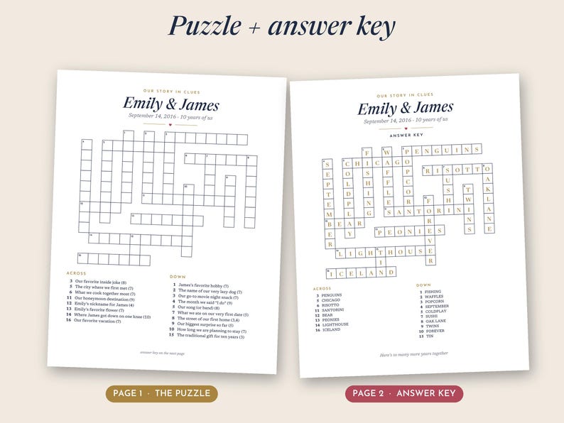 May include: Two white sheets of paper featuring a personalized crossword puzzle titled Our Story in Clues for Emily & James, dated September 14, 2016. The first sheet displays the blank puzzle grid and clues, while the second shows the answer key.