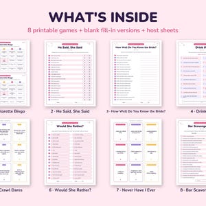 Puede incluir: Una colecci&oacute;n de ocho juegos imprimibles para despedidas de soltera en papel blanco con detalles en rosa. El set incluye Bachelorette Bingo, He Said She Said, How Well Do You Know the Bride, Drink If, Bar Crawl Dares, Would She Rather, Never Have I Ever y Bar Scavenger Hunt.