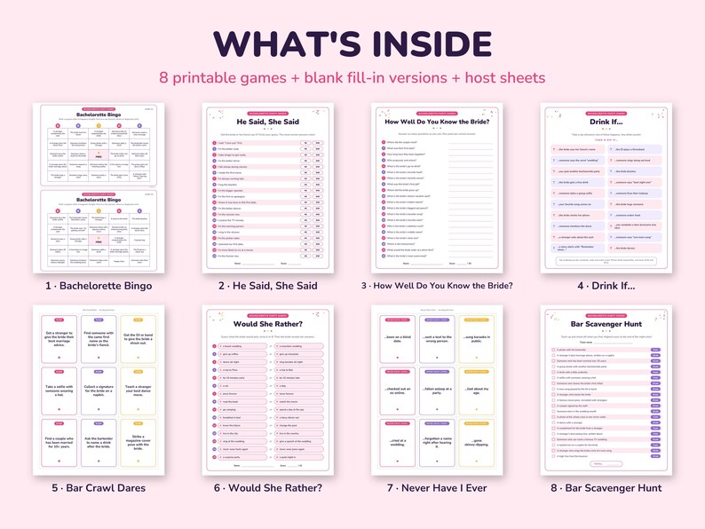 Puede incluir: Una colecci&oacute;n de ocho juegos imprimibles para despedidas de soltera en papel blanco con detalles en rosa. El set incluye Bachelorette Bingo, He Said She Said, How Well Do You Know the Bride, Drink If, Bar Crawl Dares, Would She Rather, Never Have I Ever y Bar Scavenger Hunt.