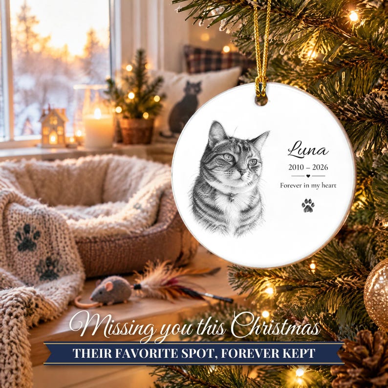 Personalized Cat Memorial Ornament from Photo, Custom Cat Portrait Sketch, Cat Memorial Gift, Pet Loss Gift, Cat Sympathy Keepsake zdjęcie 10