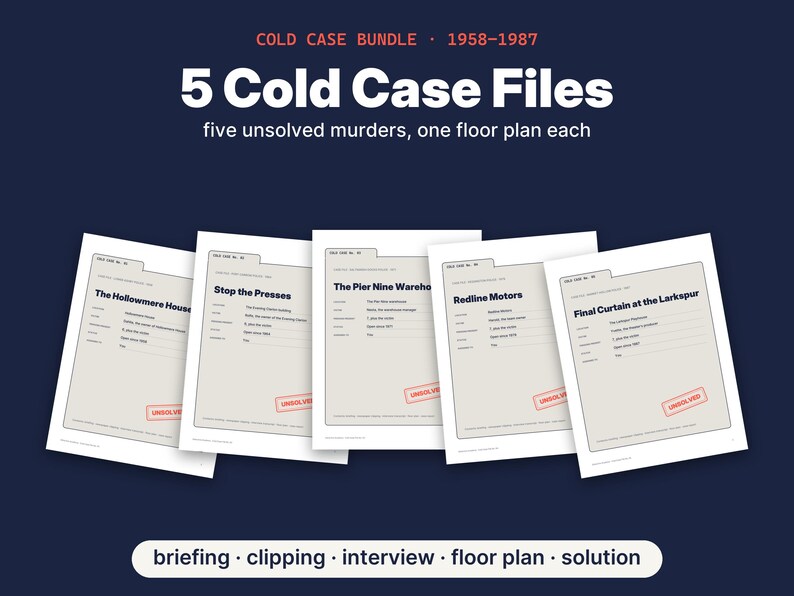 May include: A Cold Case Bundle containing five unsolved murder case files from 1958-1987. Each file includes a briefing, clipping, interview, floor plan, and solution. The titles are The Hollowmere House, Stop the Presses, The Pier Nine Warehouse, Redline Motors, and Final Curtain at the Larkspur, all marked with a red UNSOLVED stamp.