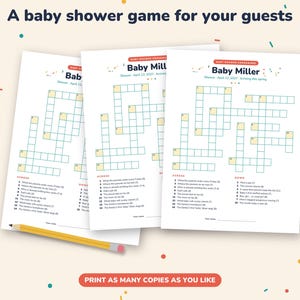 May include: Three identical white paper sheets featuring a baby shower crossword game titled Baby Miller, dated April 12, 2027. The game includes numbered clues and a grid with yellow and teal boxes. A yellow pencil lies across the bottom of the sheets.