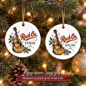 Guitar Ornament Christmas 2026, Guitar Player Gift for Musician, Rock On Custom Name Keepsake, Acoustic Lights Music Lover Ceramic Decor image 9