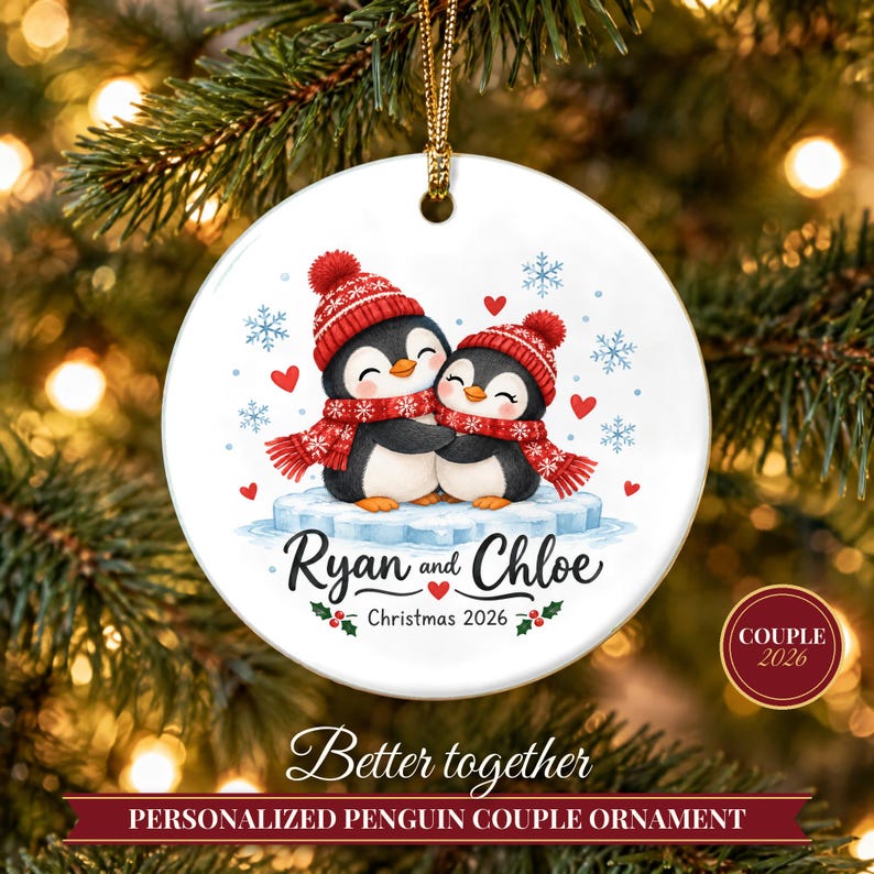 Couple Ornament 2026, Cute Penguin Christmas Ornament with Names, Gift for Couple, Our First Christmas Together Keepsake image 1
