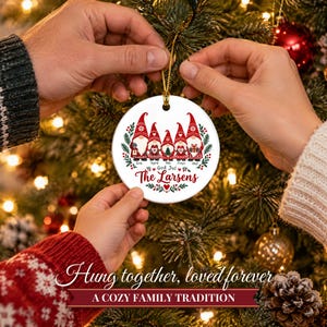 Gnome Family Ornament Christmas 2026, Scandinavian Tomte Family of Five Names Keepsake, Nordic Gnomes Custom Gift, Ceramic Tree Decor image 6