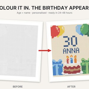 May include: A personalized pixel art birthday print showing a before and after comparison. The left side is a blank grid, and the right side features a colorful birthday cake, balloons, the number 30, and the name ANNA in pixelated style.