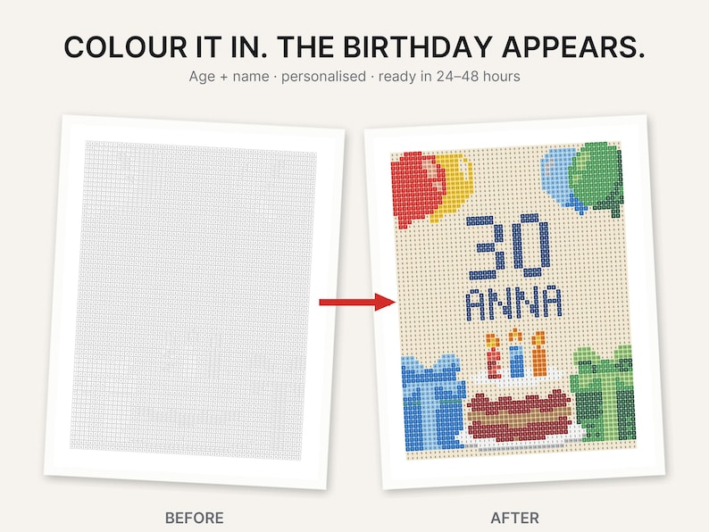 May include: A personalized pixel art birthday print showing a before and after comparison. The left side is a blank grid, and the right side features a colorful birthday cake, balloons, the number 30, and the name ANNA in pixelated style.