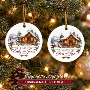 First Christmas Married Ornament 2026, Winter Cabin Mr and Mrs Keepsake, Newlywed Gift for Couple, Custom Wedding Ornament image 9