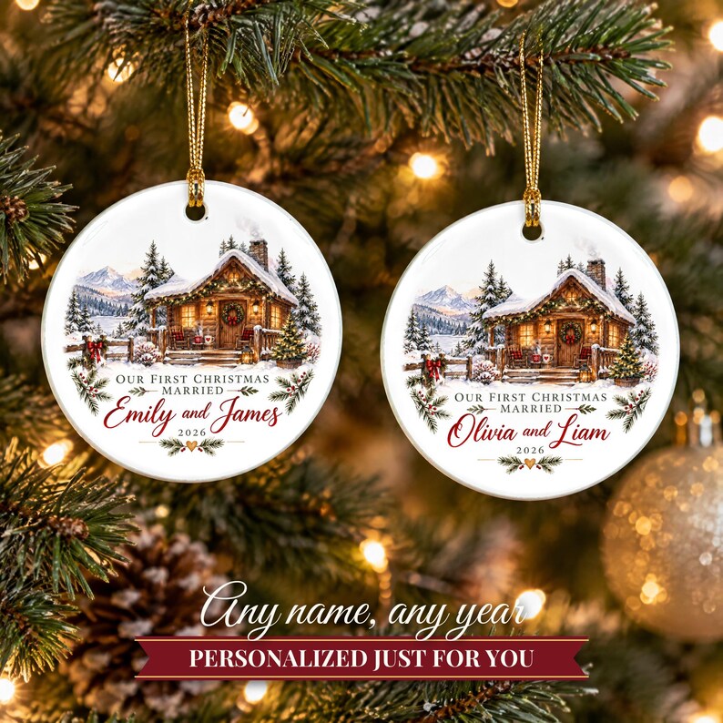 First Christmas Married Ornament 2026, Winter Cabin Mr and Mrs Keepsake, Newlywed Gift for Couple, Custom Wedding Ornament image 9