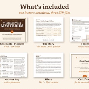 May include: A digital Thanksgiving mystery game kit featuring a 14-page casebook, story boards, five case files, an answer key with explanations, hint sheets, and a Master Detective certificate. The documents contain text, tables, and checkboxes.