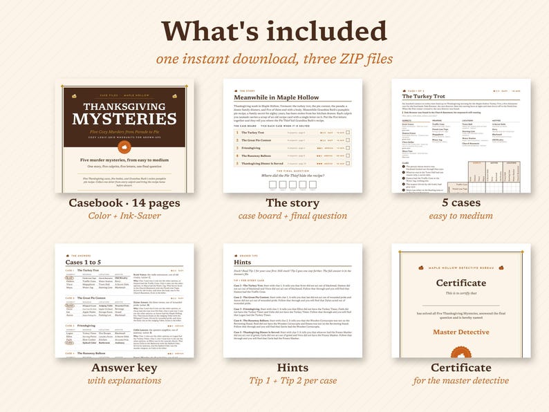 May include: A digital Thanksgiving mystery game kit featuring a 14-page casebook, story boards, five case files, an answer key with explanations, hint sheets, and a Master Detective certificate. The documents contain text, tables, and checkboxes.