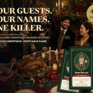 Puede incluir: Un juego de misterio de asesinato navide&ntilde;o victoriano imprimible para 4-8 invitados. El set incluye tarjetas de personajes con nombres como Sam Rivera y Bennett Brooks, con bordes verdes, detalles en rojo e ilustraciones de &eacute;poca.