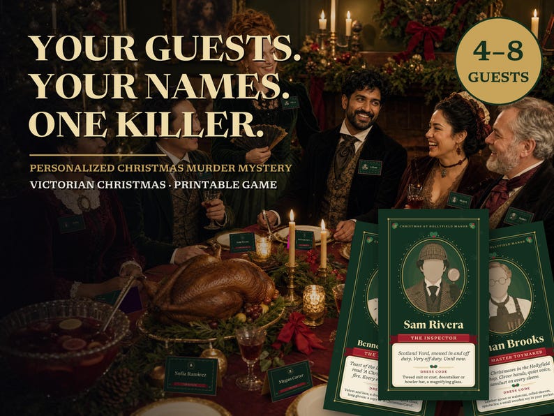 Puede incluir: Un juego de misterio de asesinato navide&ntilde;o victoriano imprimible para 4-8 invitados. El set incluye tarjetas de personajes con nombres como Sam Rivera y Bennett Brooks, con bordes verdes, detalles en rojo e ilustraciones de &eacute;poca.