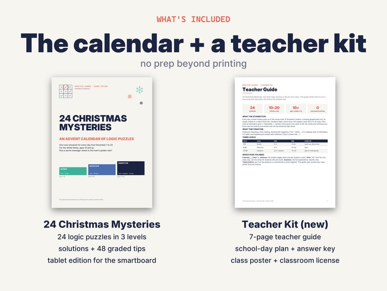 May include: A digital educational resource titled 24 Christmas Mysteries, an advent calendar of logic puzzles, including a teacher kit with a 7-page guide, school-day plan, answer key, class poster, and classroom license for printing and smartboards.