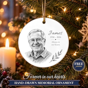Double Sided Photo Memorial Christmas Ornament, Hand Drawn Portrait Sketch, In Loving Memory Keepsake, Loss of Loved One Gift image 1