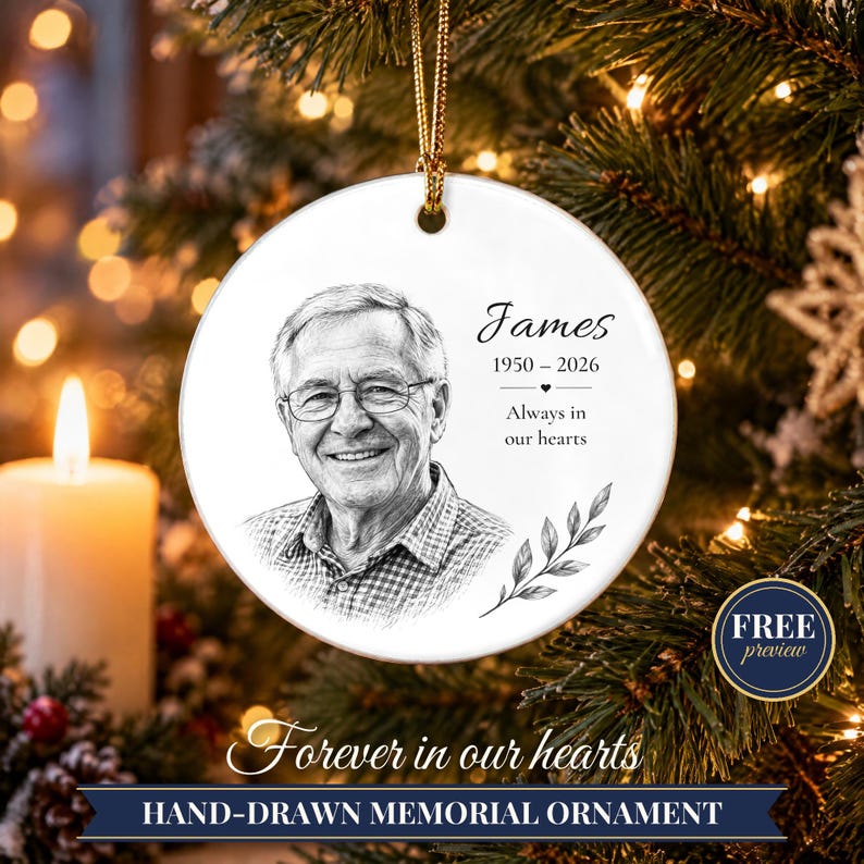 Double Sided Photo Memorial Christmas Ornament, Hand Drawn Portrait Sketch, In Loving Memory Keepsake, Loss of Loved One Gift image 1
