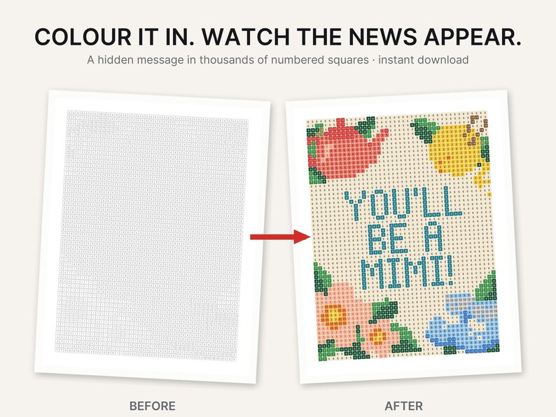 May include: A digital activity sheet featuring a grid of numbered squares. The left side shows a blank grid, while the right side displays a completed colorful pixel art design with the text YOU'LL BE A MIMI! surrounded by a teapot, lemon, and flowers.