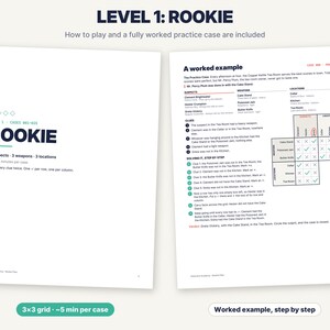 Pu&ograve; includere: Due pagine bianche di un gioco di logica intitolato Level 1: Rookie. La pagina sinistra illustra le regole del gioco per 3 sospettati, 3 armi e 3 luoghi. La pagina destra fornisce un esempio risolto con una griglia 3x3, indizi e passaggi.