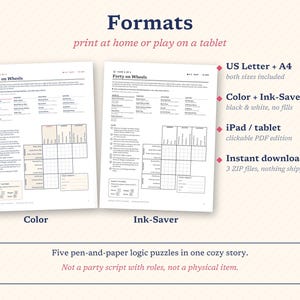 May include: Two printable logic puzzle sheets titled Forty on Wheels, one in color and one in black and white ink-saver format. The text includes instructions, lists of clues, and a grid for solving. Features US Letter and A4 size options.