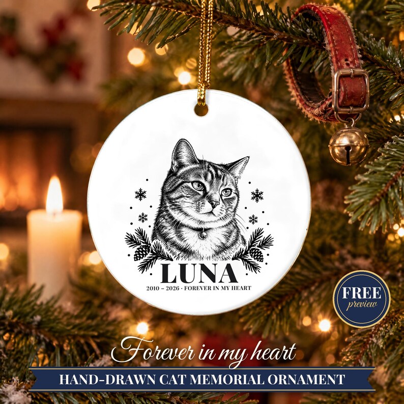 Personalized Cat Memorial Ornament from Photo, Custom Pet Portrait, Cat Mom Gift, Pet Loss Gift, Christmas Cat Remembrance Keepsake image 1