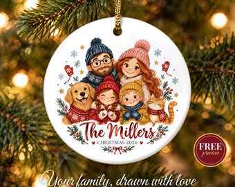 May include: A round white ceramic ornament featuring a colorful illustration of a family with two children, a golden retriever, and an orange tabby cat. The text reads The Millers CHRISTMAS 2026, accented with snowflakes, holly, and red mittens.