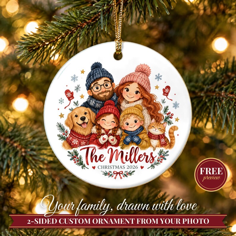 Family Christmas Ornament 2026 from Photo, 2 Sided Custom Cartoon Portrait with Pets and Names, Family of 4 5 6, Keepsake for Grandparents bild 1