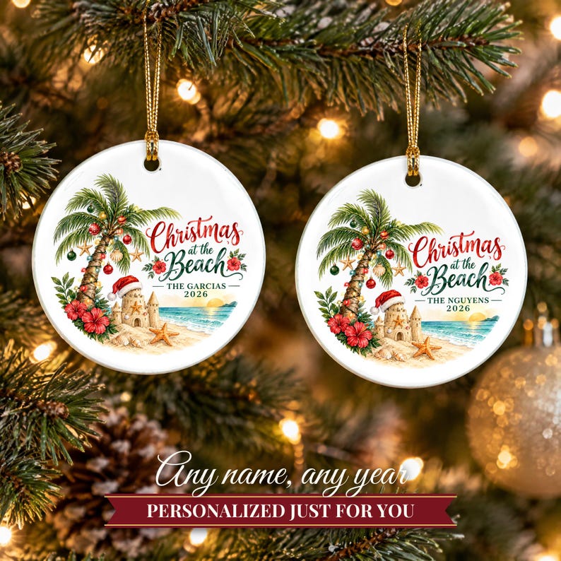 Beach Christmas Ornament 2026, Coastal Family Vacation Keepsake, Holidays at the Beach Custom Name Decor, Palm Tree Starfish Ceramic Gift 画像 9