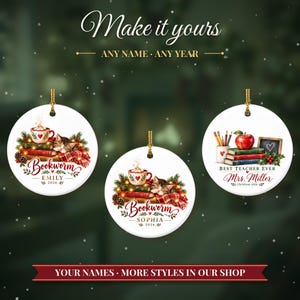 Book Lover Ornament Christmas 2026, Bookworm Gift for Readers, Custom Name Keepsake, Cozy Books Cocoa Kitten Ceramic Tree Decor image 3