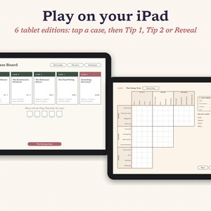 May include: Two tablets displaying a digital mystery game. The left screen shows The Case Board with five selectable case files. The right screen displays a crossword-style puzzle grid with categories and input fields for game clues and tips.