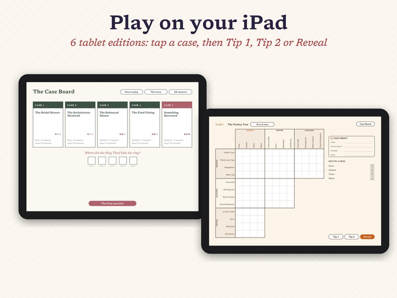 May include: Two tablets displaying a digital mystery game. The left screen shows The Case Board with five selectable case files. The right screen displays a crossword-style puzzle grid with categories and input fields for game clues and tips.