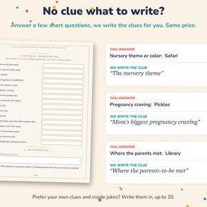 May include: A questionnaire document titled No clue what to write? featuring a list of sixteen numbered prompts for baby shower information, alongside three example boxes showing user answers and corresponding clues for a custom crossword puzzle.