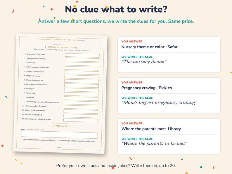 May include: A questionnaire document titled No clue what to write? featuring a list of sixteen numbered prompts for baby shower information, alongside three example boxes showing user answers and corresponding clues for a custom crossword puzzle.