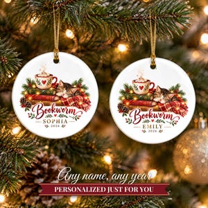 Book Lover Ornament Christmas 2026, Bookworm Gift for Readers, Custom Name Keepsake, Cozy Books Cocoa Kitten Ceramic Tree Decor image 9