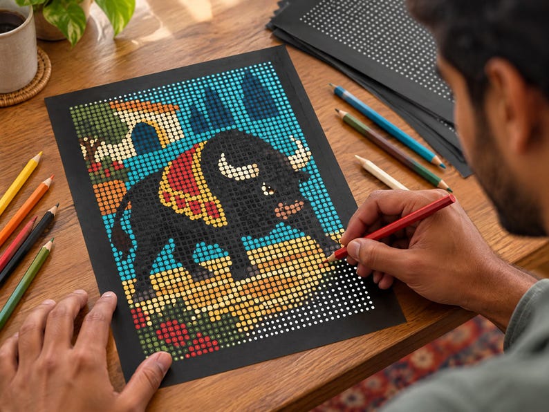 May include: A dot-to-dot coloring page on black paper featuring a black bull with a red and yellow patterned blanket on its back. The bull stands on a yellow ground with a blue sky and a small building in the background. A red pencil is being used.