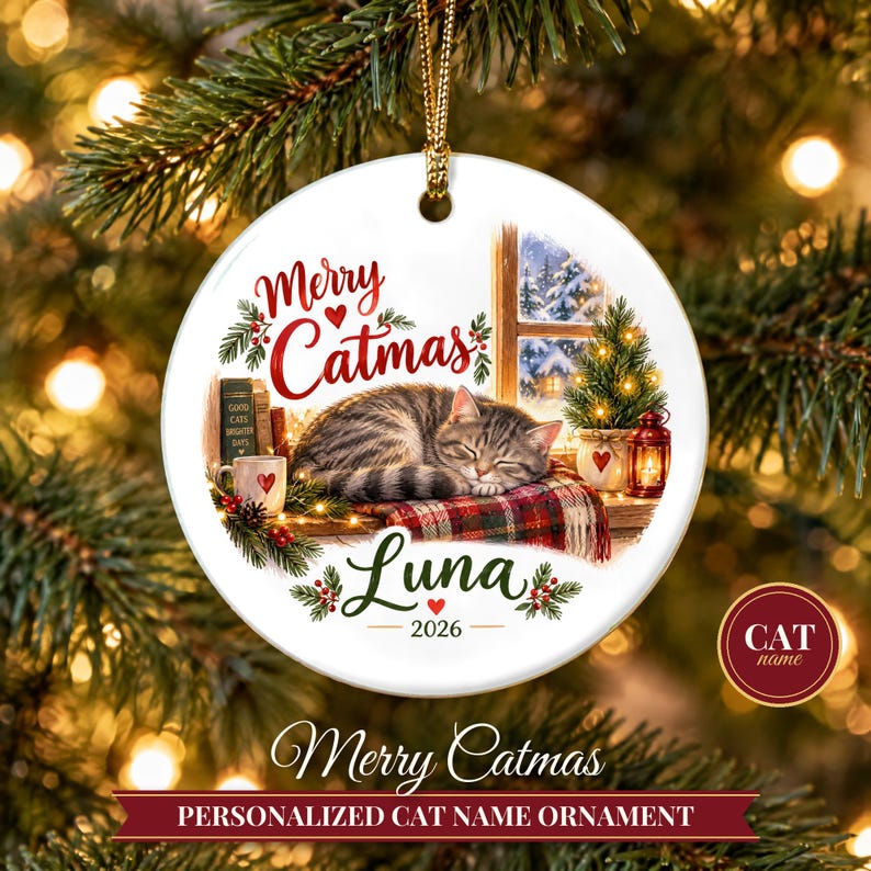 Cat Ornament, Merry Catmas Christmas Ornament with Name, Cat Lover Gift, Cat Mom Gift 2026, Custom Ceramic Pet Keepsake for Her image 1