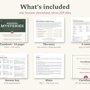 May include: A digital wedding mystery game kit including a 14-page casebook, story sheets, five cases, answer keys with explanations, hint sheets, and a Master Detective certificate. The set is provided as one instant download containing three ZIP files.
