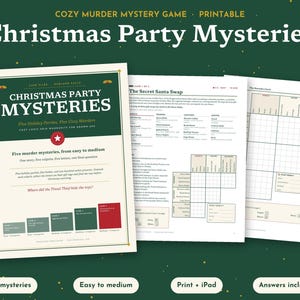 Puede incluir: Un juego de misterio y asesinato imprimible titulado Christmas Party Mysteries con cinco casos temáticos navideños. El set incluye hojas de lógica, archivos de casos y claves de respuestas con texto sobre cinco fiestas y asesinatos.
