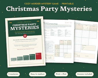May include: A printable murder mystery game titled Christmas Party Mysteries featuring five holiday-themed cases. The set includes logic grid handouts, case files, and answer keys with text detailing five holiday parties and five cozy murders.