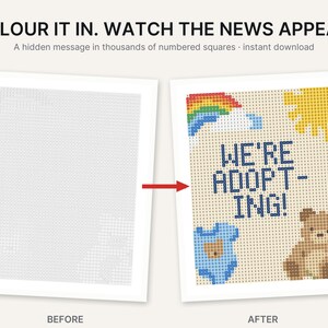 May include: A numbered grid activity sheet with the text COLOUR IT IN. WATCH THE NEWS APPEAR. A hidden message in thousands of numbered squares. The before image shows a blank grid, and the after image reveals the text WE'RE ADOPTING! with a rainbow, sun, baby onesie, and bear.