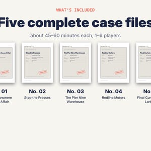 May include: Five complete case files for 1-6 players, each lasting 45-60 minutes. The set includes: No. 01 The Hollowmere House Affair, No. 02 Stop the Presses, No. 03 The Pier Nine Warehouse, No. 04 Redline Motors, and No. 05 Final Curtain at the Larkspur.