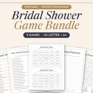 May include: A printable bridal shower game bundle featuring nine games in US letter and A4 sizes. The collection includes sheets for He Said She Said, How Well Do You Know, Bridal Shower Bingo, Emoji Pictionary, and a wedding word search.