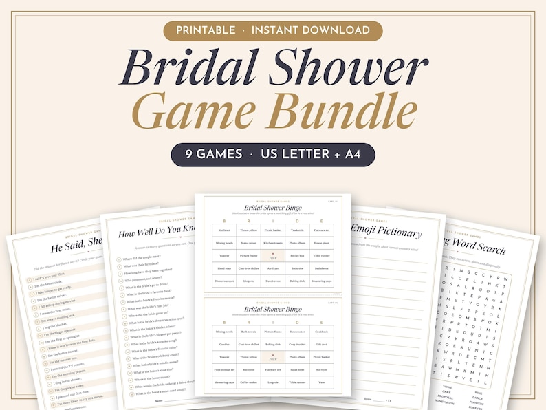 May include: A printable bridal shower game bundle featuring nine games in US letter and A4 sizes. The collection includes sheets for He Said She Said, How Well Do You Know, Bridal Shower Bingo, Emoji Pictionary, and a wedding word search.
