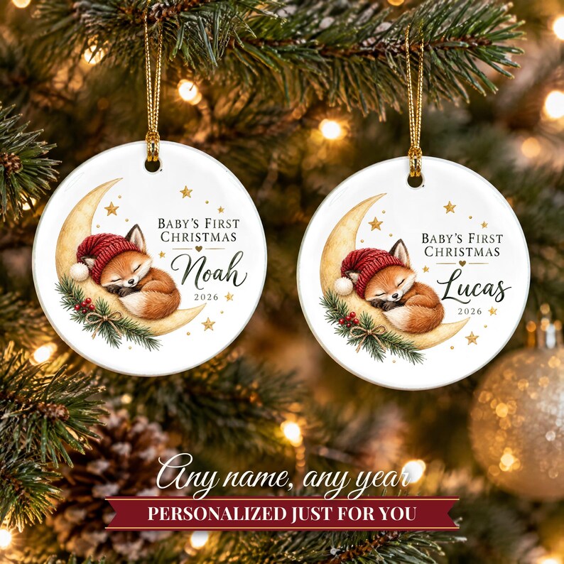 Baby First Christmas Ornament 2026, Woodland Fox on the Moon Keepsake with Name, Newborn Gift for New Parents, Nursery Decor immagine 9